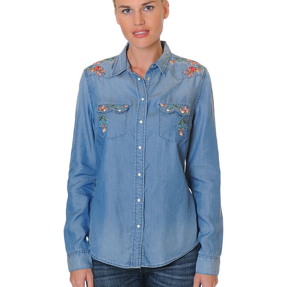 Denim Shirt with Floral Embroidery